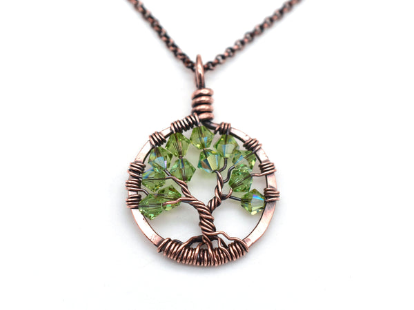 Copper Peridot Tree of Life Crystal Necklace (August)