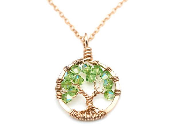 Gold Peridot Tree of Life Crystal Necklace (August)