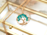 Gold Blue Zircon Tree of Life Crystal Necklace (December)