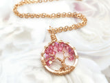 Gold Pink Tourmaline Tree of Life Crystal Necklace (October)